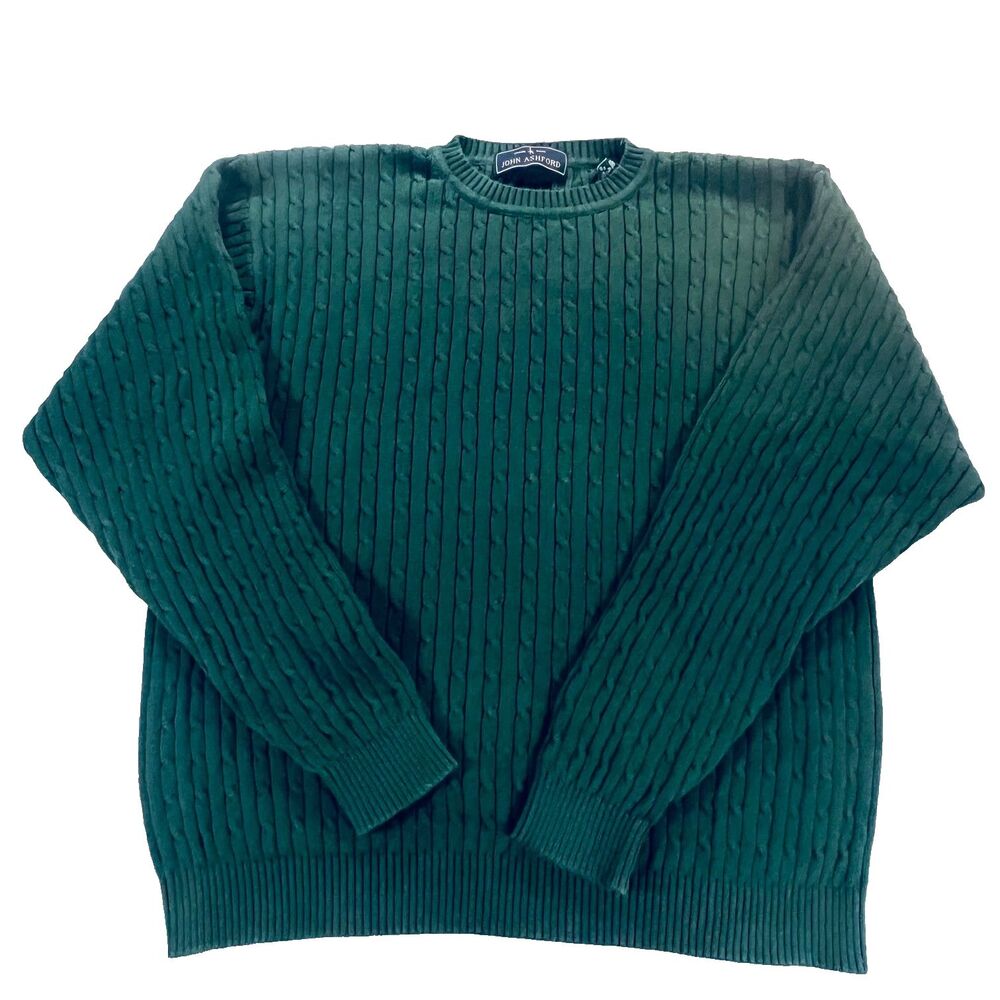 John Ashford Cable Knit Sweater XL Green Cotton Classic Fisherman Cabin
